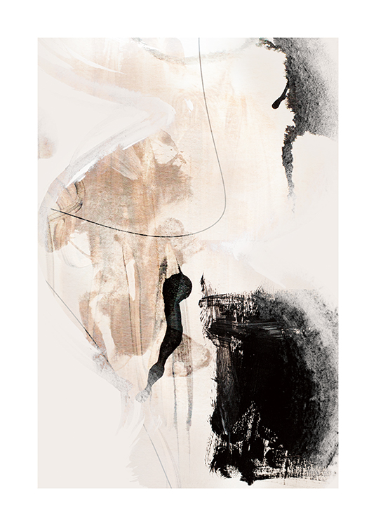  – Abstrakt maleri med beige og sorte figurer på en lys baggrund