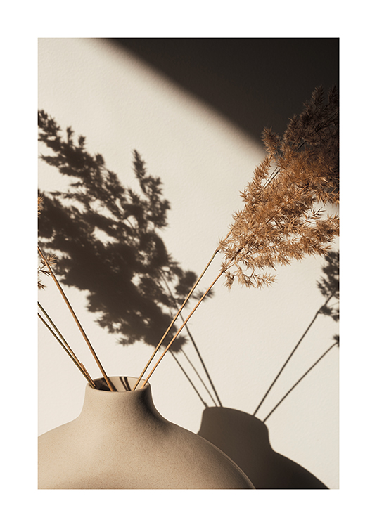  – Fotografi af tørret, brunt græs i en vase mod en lys væg, hvorpå der er skygger af græsset