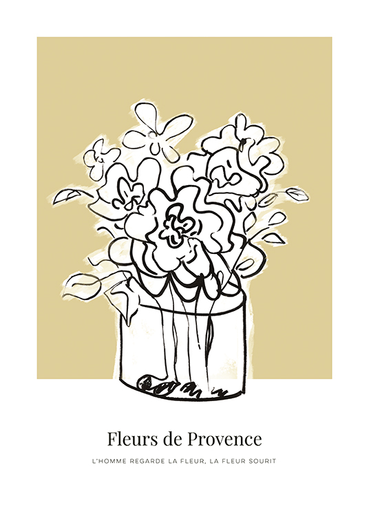  – Illustration, der forestiller hvide blomster i en vase med konturer i sort, på en beige baggrund