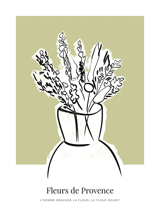  – Illustration, der forestiller hvide vilde blomster i en vase med sorte konturer, på en beige baggrund