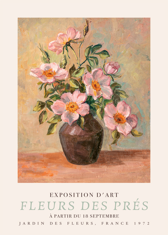  – Maleri af en lyserød blomsterbuket i en vase mod en farvet baggrund med tekst nedenunder