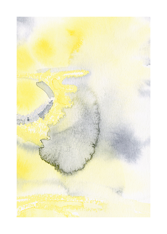  – Maleri med abstrakt billede i gult med gråblå detaljer