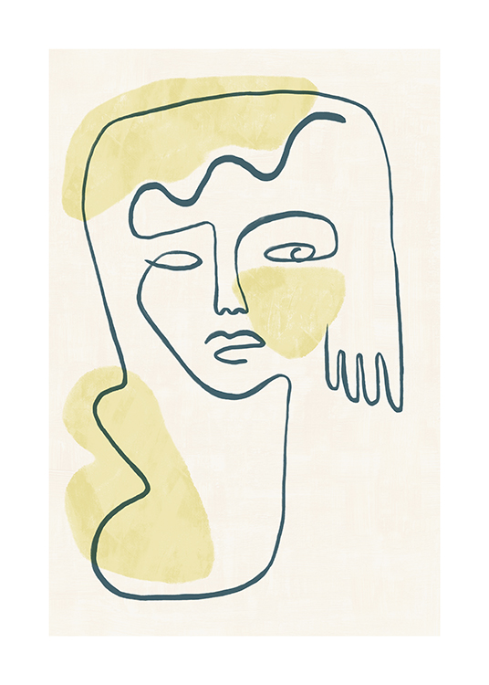  – Illustration med et ansigt og en hånd i line art-stil, gule figurer og en lys beige baggrund