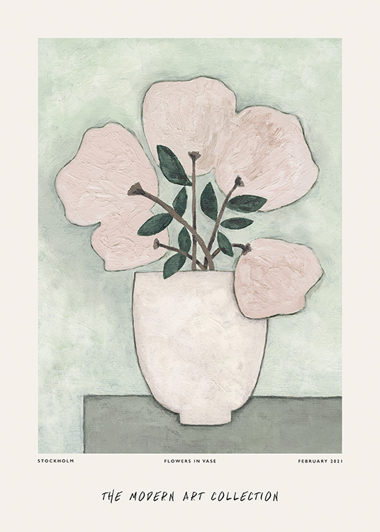  – Maleri af en vase med blomster i støvet lyserød på en grøn baggrund og tekst nedenunder
