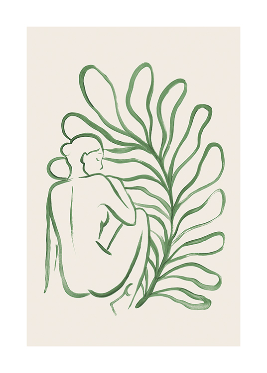  – Illustration, der forestiller et stort blad bag en nøgen kvinde tegnet med grønt mod en beige baggrund
