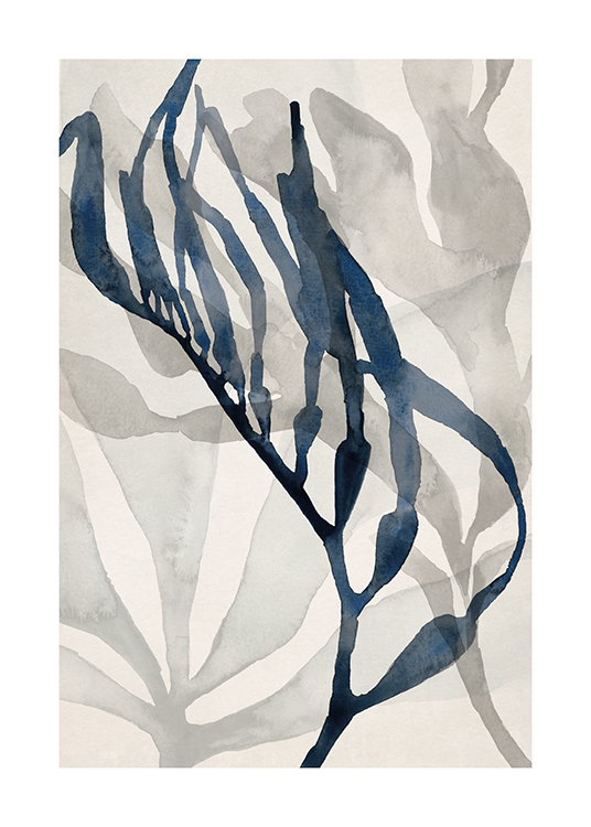  – Illustration med abstrakt tang malet som grå og blå akvarel mod en lys beige baggrund