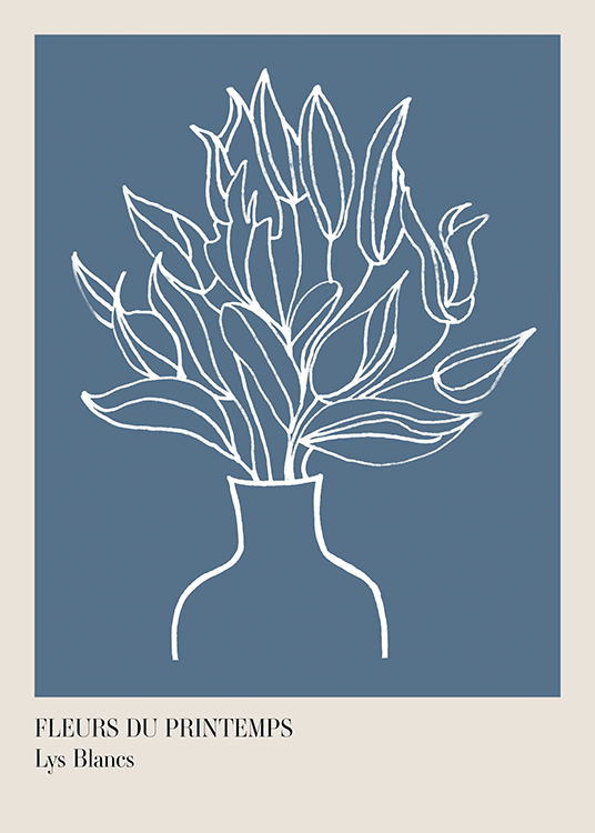  – Grafisk illustration med en buket blomster i en vase tegnet med hvidt på en blågrå baggrund