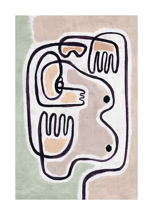  – Maleri med abstrakt motiv bestående af to bryster og hænder på en beige og grøn baggrund