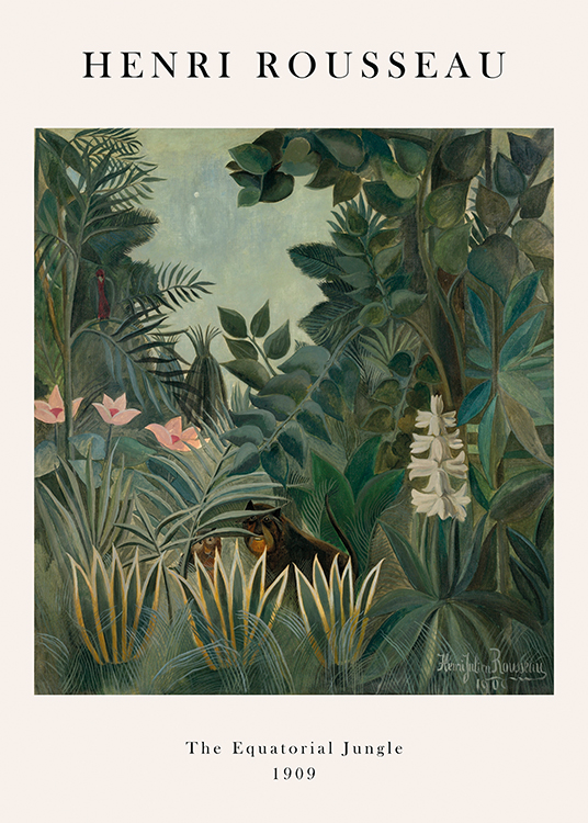  – Maleri af en jungle med træer, blomster og dyr