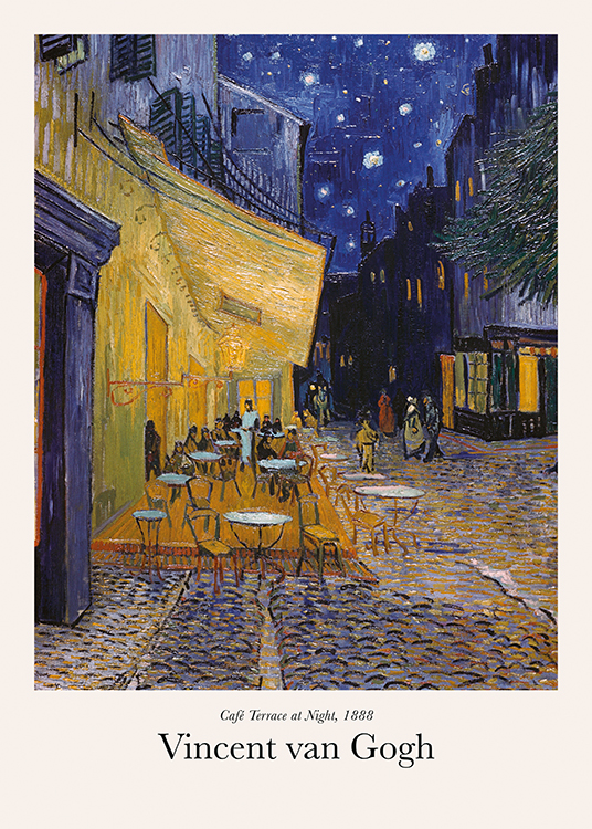  – Maleri af en cafe i en by med en terrasse udenfor og en mørkeblå himmel i baggrunden