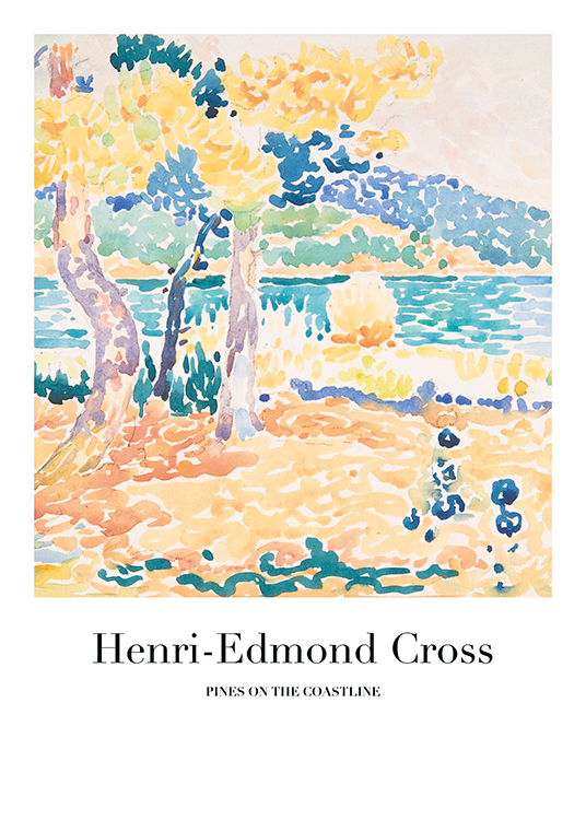  – Maleri af et farverigt, abstrakt landskab med hav og træer