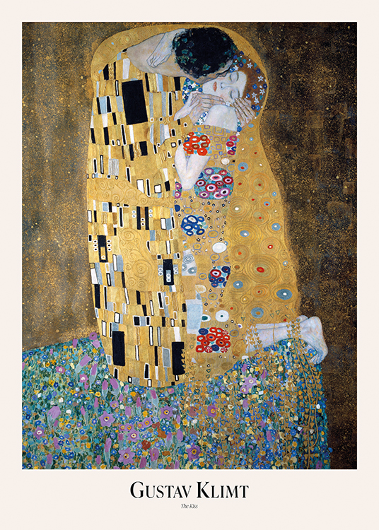  – Maleri af en mand, der kysser en kvinde på kinden, på en gylden og brun baggrund med blomsterdetaljer