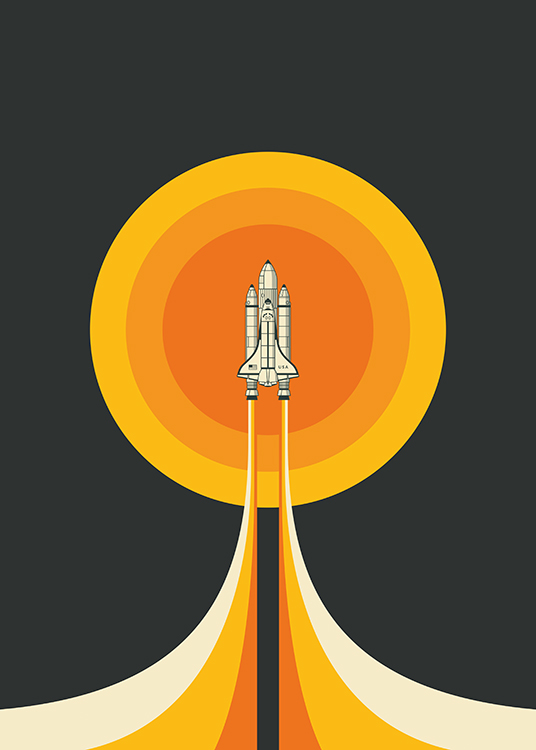  – Grafisk illustration med en gul og orange cirkel bag en rumfærge