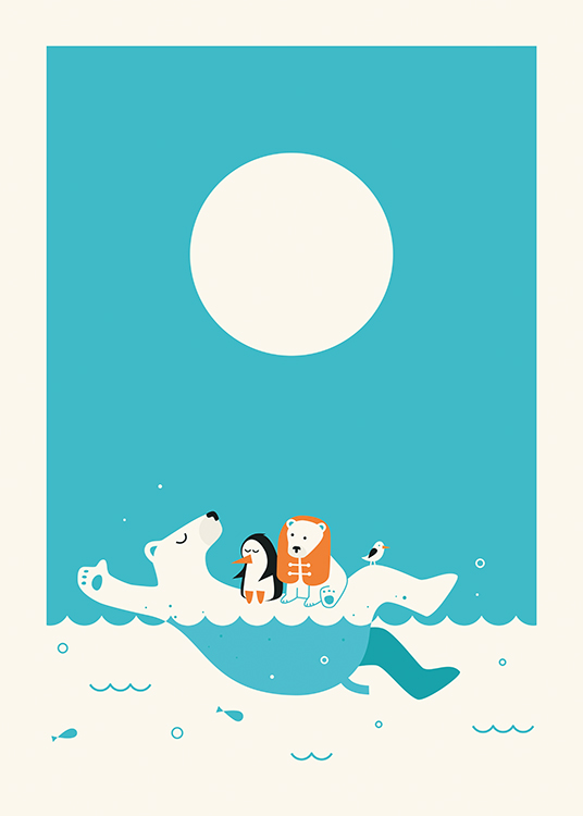  – Grafisk illustration, der forestiller en svømmende isbjørn med dyr på maven