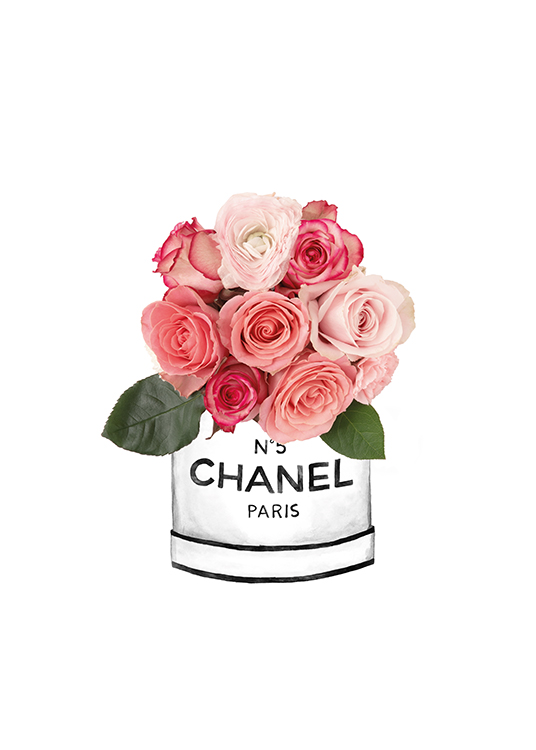  – Illustration af en Chanel-vase med lyserøde roser i