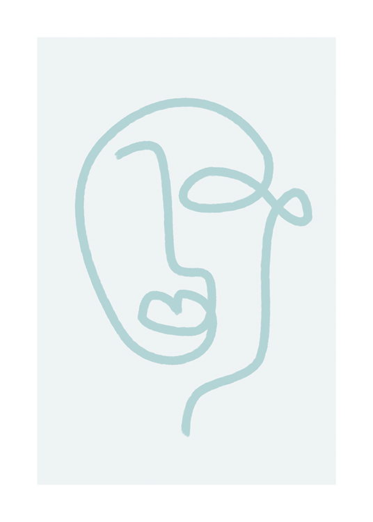  – Line art-illustration med et abstrakt ansigt i blåt på en lyseblå baggrund