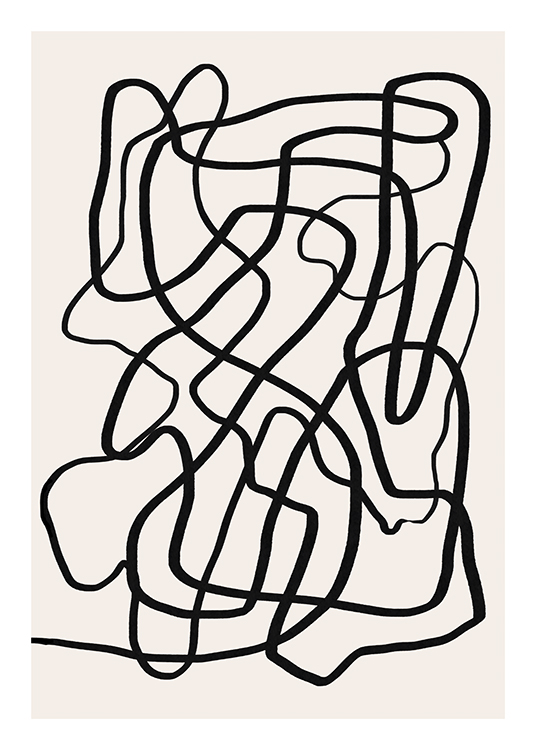  – Abstrakt, grafisk illustration med en sort streg, der slynger sig henover en lys baggrund