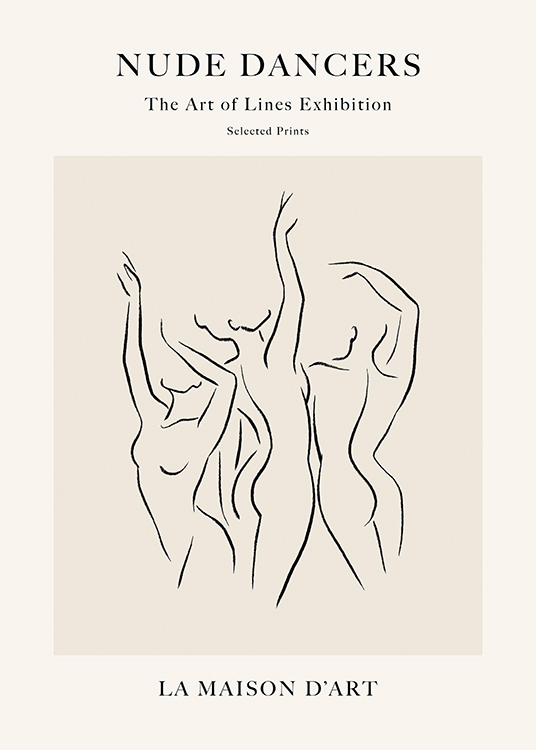  – Illustration i line art-stil med en gruppe nøgne dansende kvinder mod en beige baggrund