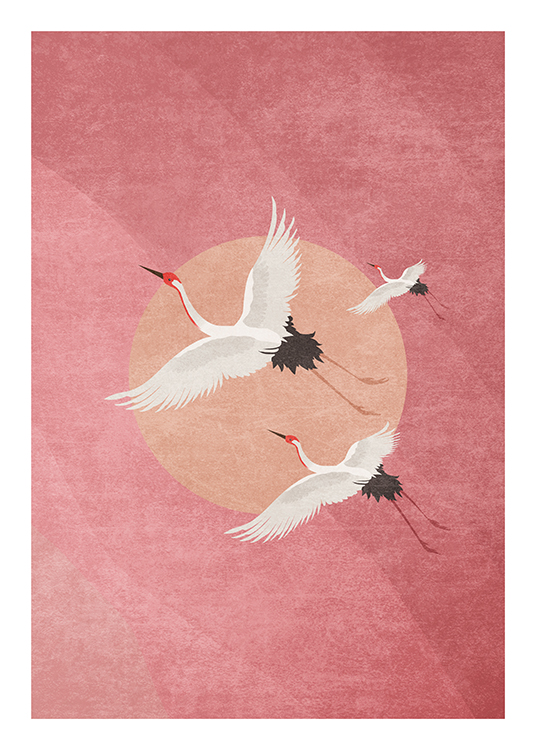  – Grafisk illustration med en flok flyvende traner mod en lyserød baggrund med en lys ferskenfarvet cirkel