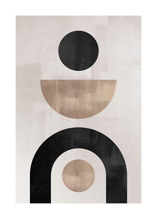  – Grafisk illustration med geometriske figurer i beige og sort på en grå-beige baggrund
