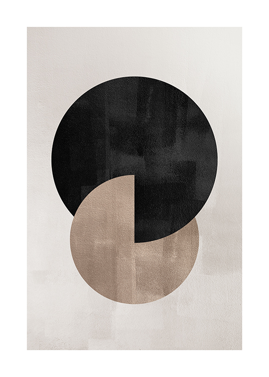  – Grafisk illustration med en beige og en sort cirkel, der overlapper hinanden, på en grå-beige baggrund