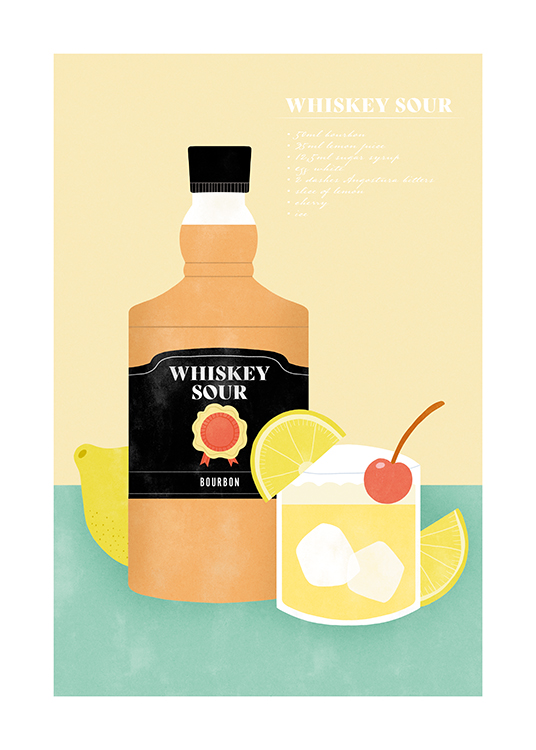  – Grafisk illustration, der forestiller en whiskyflaske og et glas whisky sour med citroner og et kirsebær