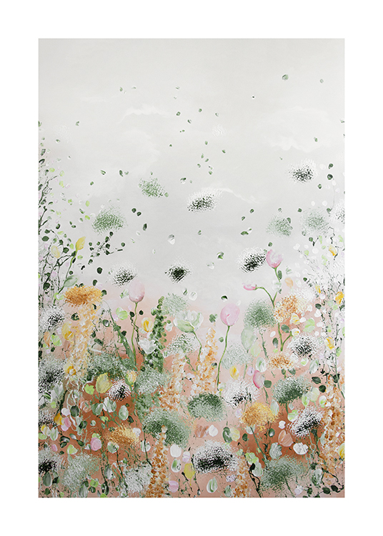  – Abstrakt maleri med små planter og blomster i forskellige farver på en grå baggrund