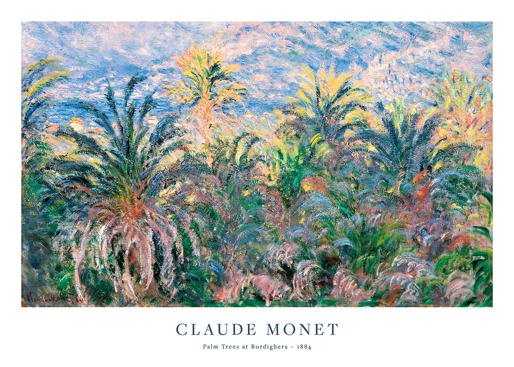  – Maleri af Monet med farverige, abstrakte palmer og en blå og lyserød himmel i baggrunden