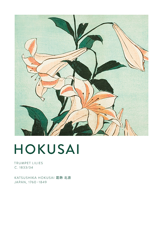  – Maleri af Hokusai af trompetliljer og grønne blade på en lysegrøn baggrund