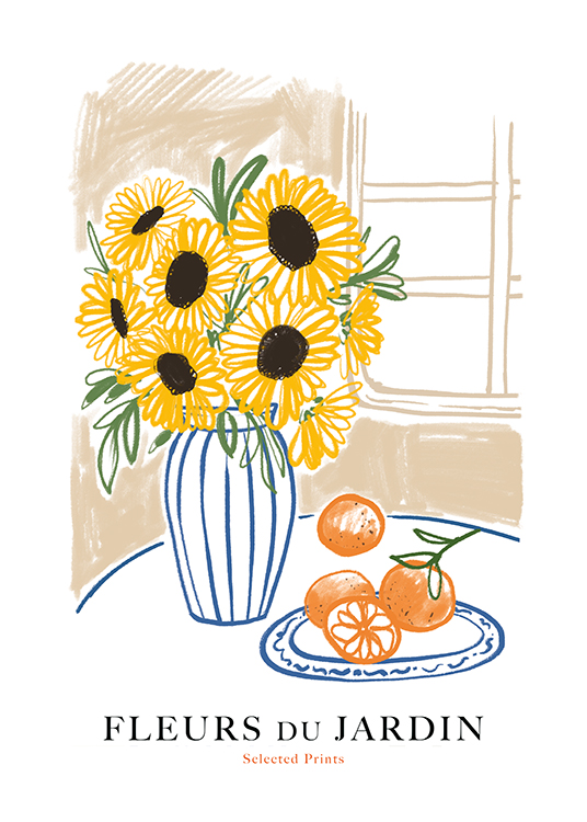  – Illustration af en vase med solsikker og appelsiner ved siden af med tekst underneden