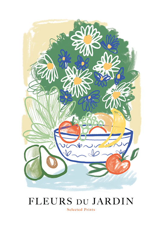  – Illustration af en blomsterbuket og frugt og grøntsager i en skål