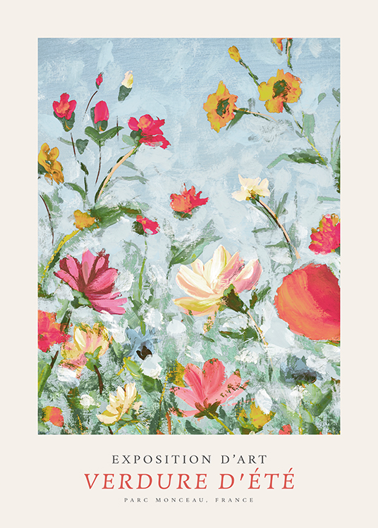  – Maleri af blomster i gult, rødt og lyserødt mod en blå baggrund
