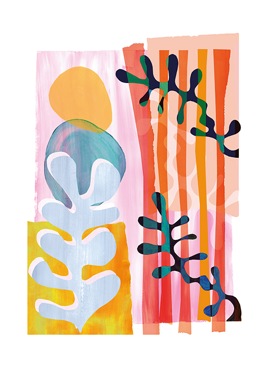  – Abstrakt illustration med tang og koralfigurer på en farverig baggrund