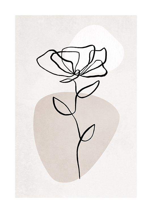 – Illustration i line art-stil, der forestiller en sort blomst mod en lysegrå baggrund med en hvid og beige figur