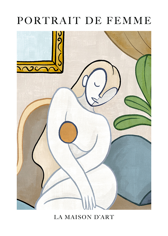  – Abstrakt illustration med et portræt af en nøgen kvinde i hvid og beige