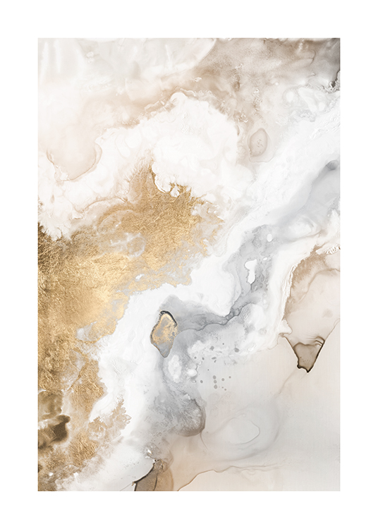  – Abstrakt maleri i hvid, beige og guld med flydende farver