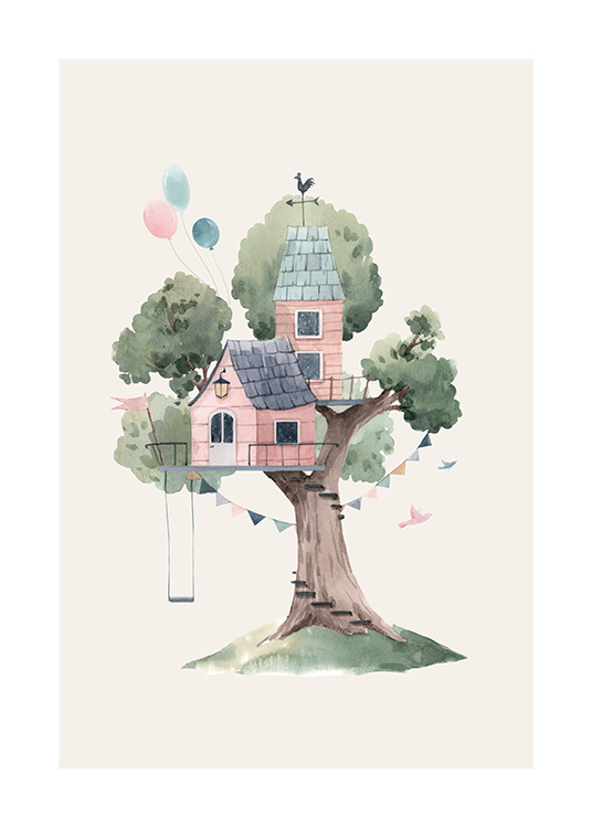  – Illustration med et lyserødt trætophus, balloner og en gynge i et grønt træ mod en lys beige baggrund