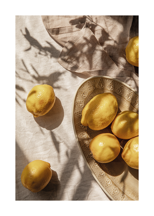  – En tallerken med friske citroner på et spisebord
