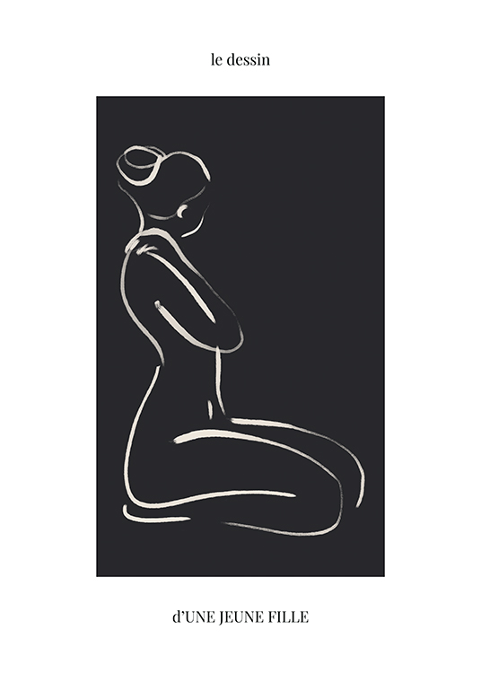  – Illustration med en nøgen kvinde, der sidder på knæ, tegnet i line art-stil på en sort og lys baggrund