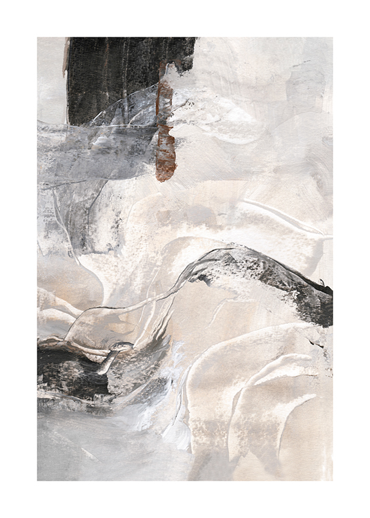 – Maleri med abstrakt motiv i grå, beige, sorte og brune nuancer
