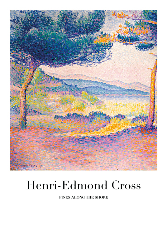  – Maleri med et farverigt, abstrakt landskab, hvor fyrretræer står foran en kyst