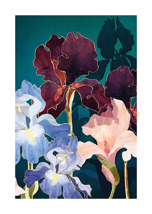 – Illustration med blå, lyserøde og mørklilla iris på en grønblå baggrund