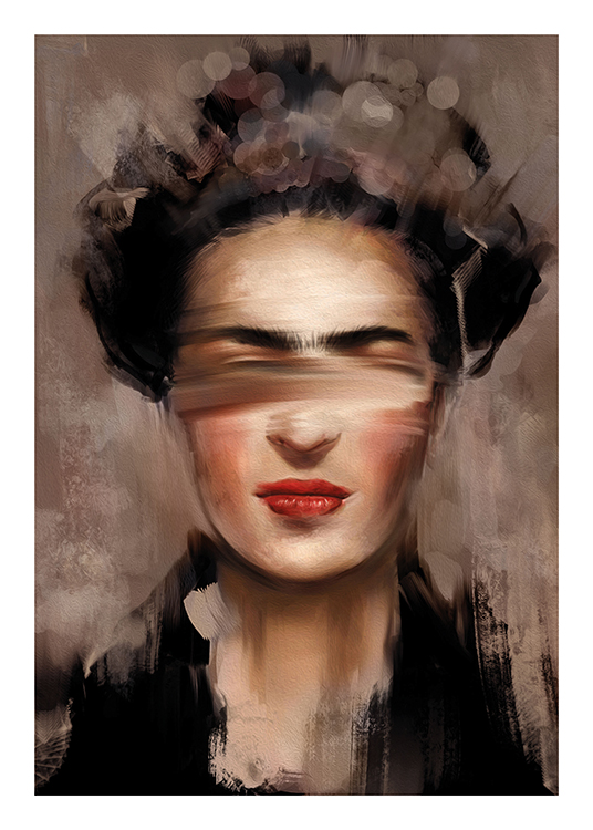  – Maleri med abstrakt portræt af Frida Kahlo med røde læber mod en baggrund i beige og brun