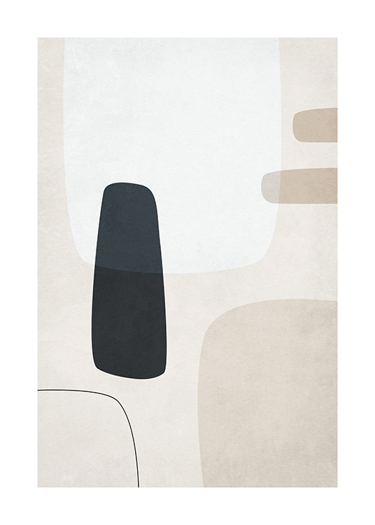  – Grafisk illustration med abstrakte figurer i sort, lysegrå og beige på en lys beige baggrund
