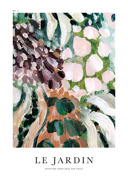  – Maleri med abstrakte blomsterblade i forskellige farver og tekst ovenover og nedenunder