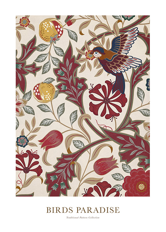  – Illustration med en fugl og blomster i rødt, gråt og beige på en lys beige baggrund