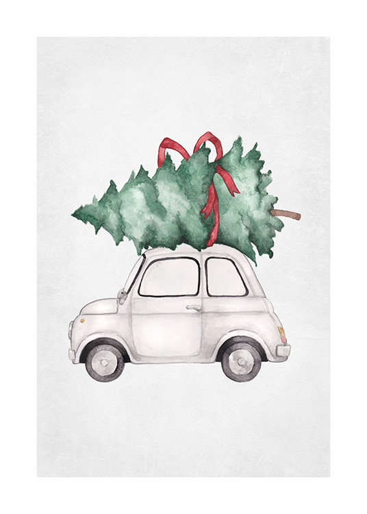 – Illustration, der forestiller en lille bil med et grønt juletræ, hvor der er bundet en rød sløjfe om, på taget