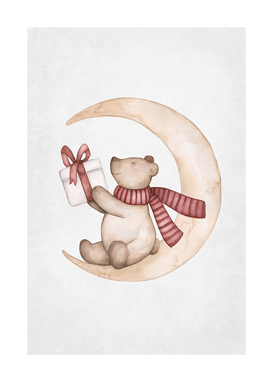 – Illustration med en lille bjørn, der sidder på en måne, med en julegave i hænderne og iført et rødt tørklæde
