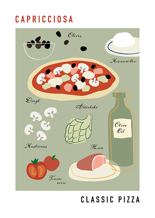  – Grafisk illustration med Capricciosa-ingredienser og en pizza på en grågrøn baggrund