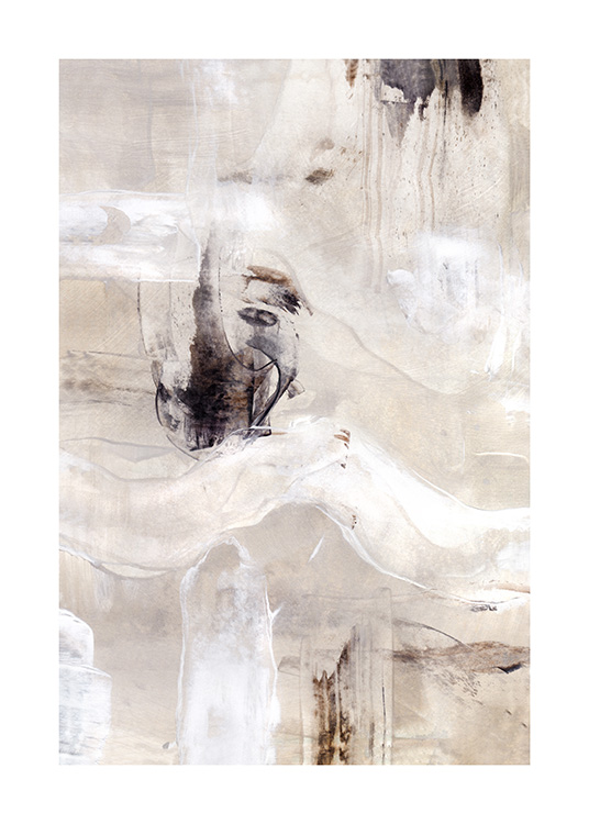  – Abstrakt maleri med hvide, lys beige og grå farver, der slynger sig over hinanden